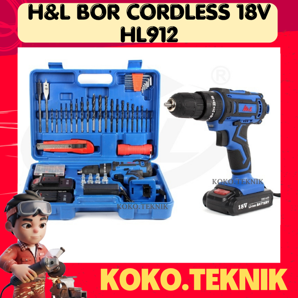 H&L BOR BATERAI CAS SET KOPER HL 912 BATERRY 2 PCS 18V BOR CORDLESS HL 912