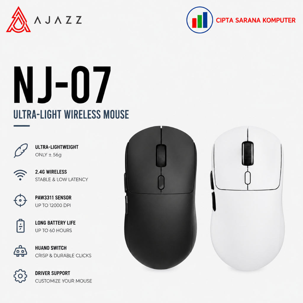 AJAZZ NJ07 / NJ-07 Mouse Gaming PAW-3311 Lightweight Tri-mode Connection 1000Hz Polling Rate