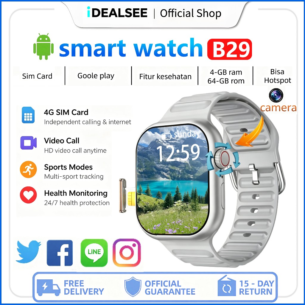[4G/5G Sim Card+360°kamera]  IDEALSEE Smartwatch M3 4G/5G Sim Card 4+64GB GPS NFC Bisa Nonton Youtub