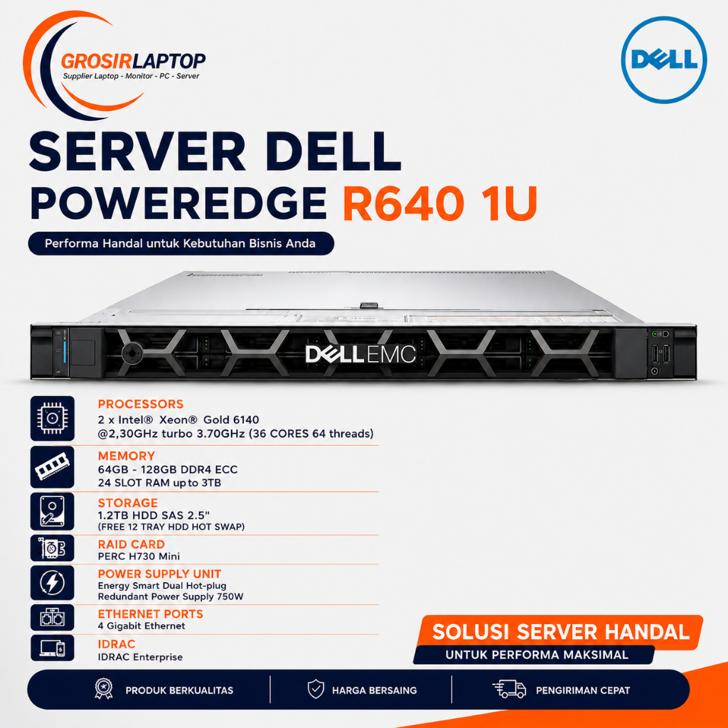 PC Server Dell PowerEdge R640 1U Intel Xeon Gold 6140 x2 Ram 64GB HDD 1.2TB SAS Server Kantor RS