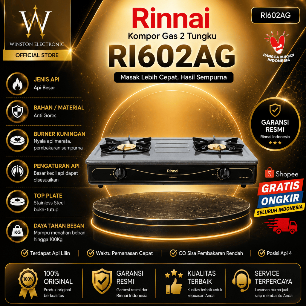 KOMPOR GAS RINNAI 2 TUNGKU RI-602AG/RI602AG/RI602 AG/RI602AG/RI-602 AG/ORIGINAL RINNAI/GARANSI RESMI