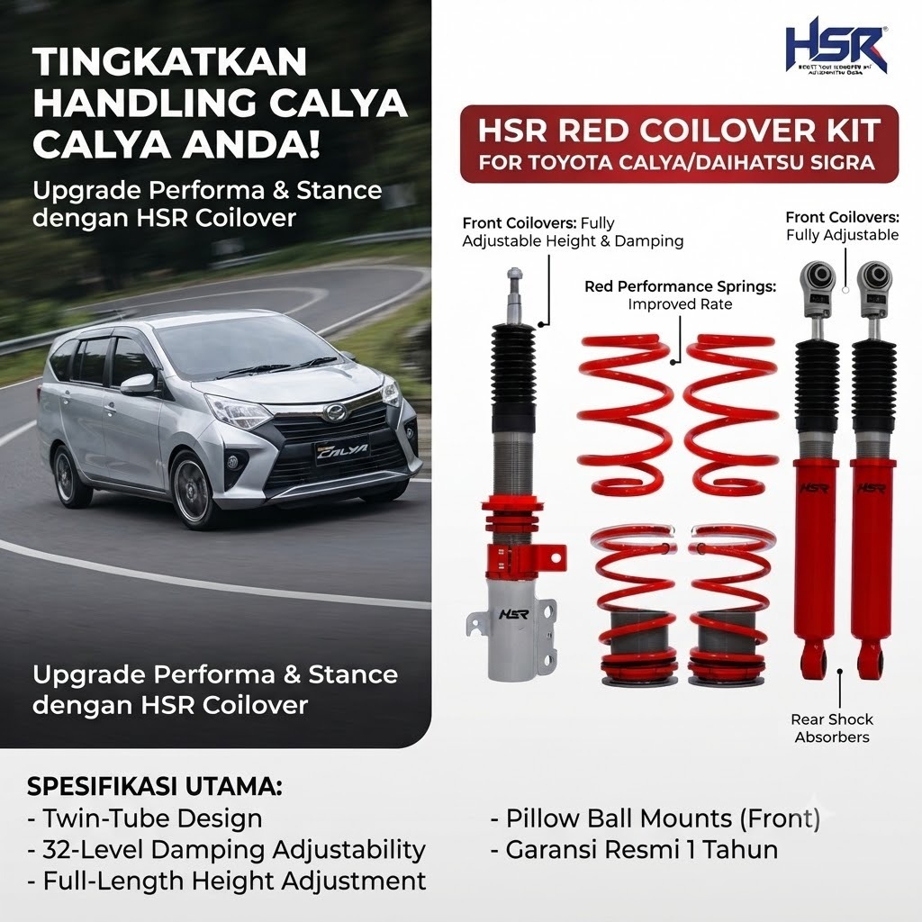 1 SET COILOVER HSR DEPAN BELAKANG BUAT MOBIL TOYOTA CALYA/DAIHATSU SIGRA COILOVER HSR RED