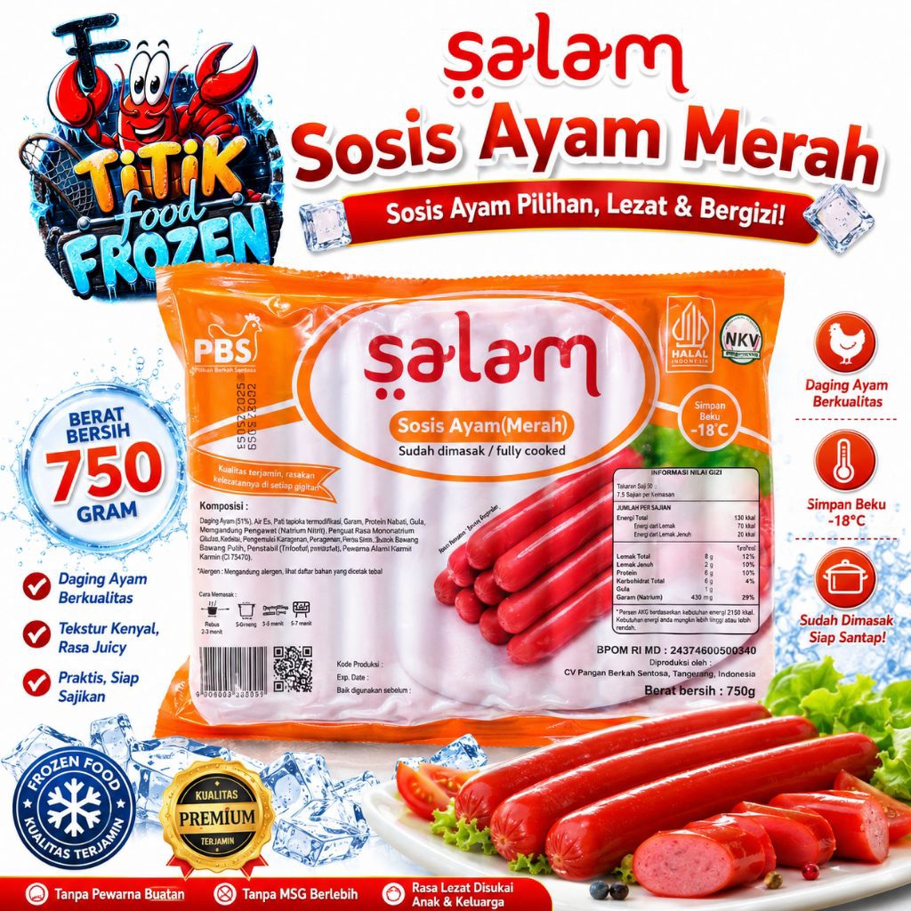 Titik Frozen | Salam Sosis Ayam Merah 750g | Sosis Ayam Frozen Premium | Sosis Siap Masak untuk Gore