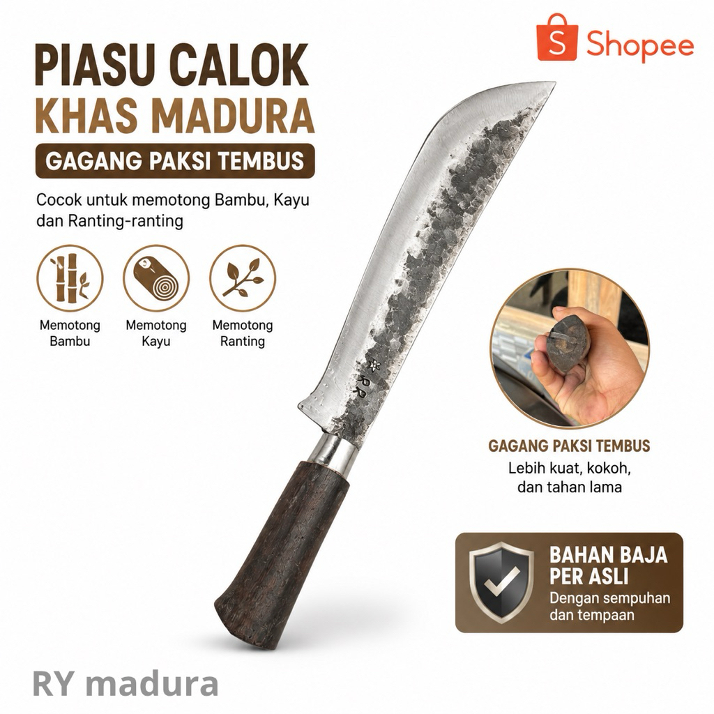 RY Alat Berkebun Pisau Calok Madura Multifungsi Baja Gagang Paksi Tembus Sempuhan Dan Tempaan