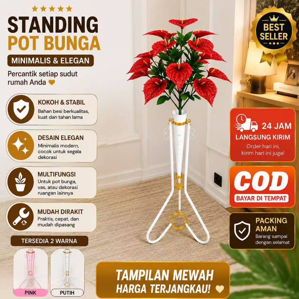 Rangkaian bunga anthurium/bunga Aron panda dengan pot standing besi bunga sudut ruangan/Calla Lilly 