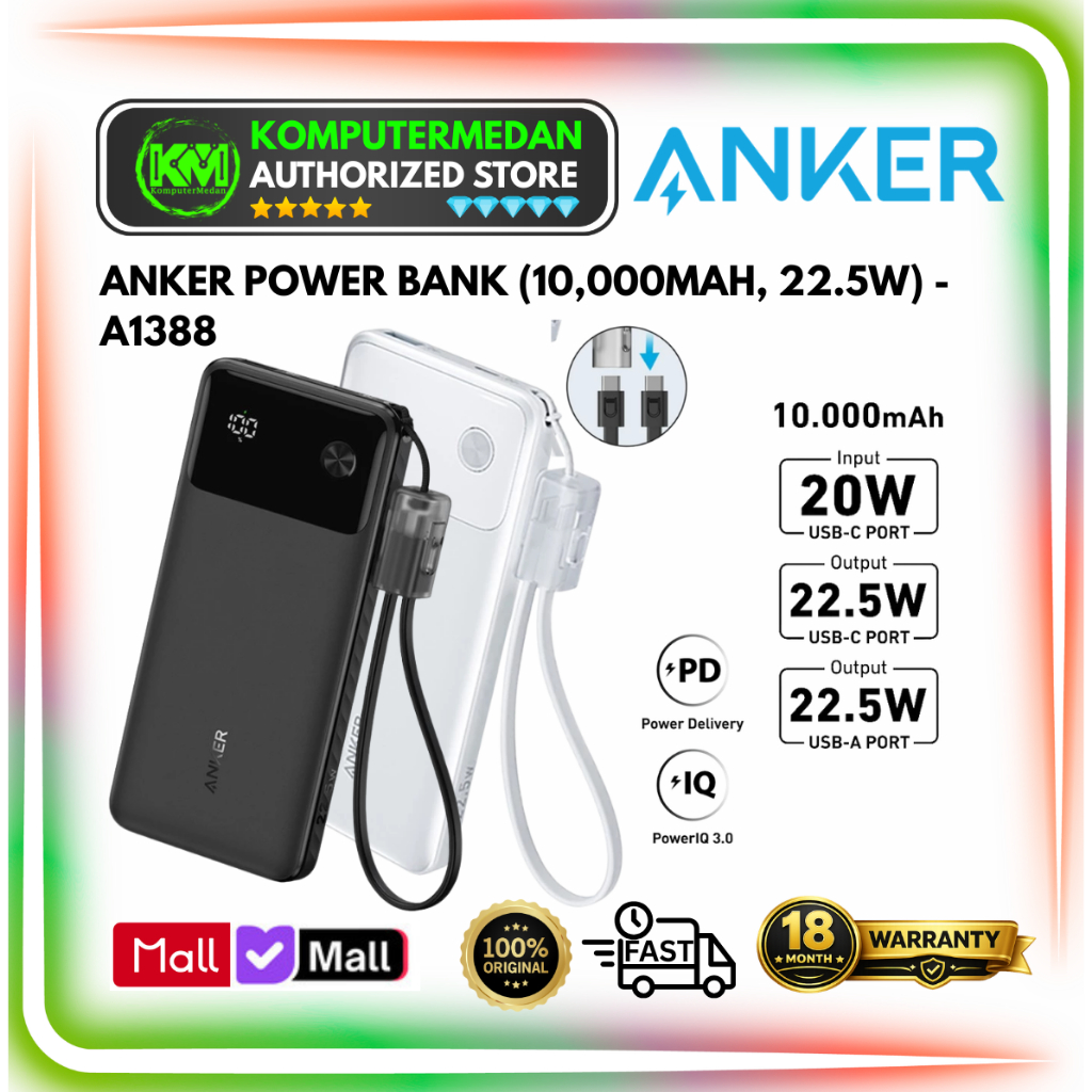 Powerbank Anker A1388 10000mAh LED Display 22.5W PD 2 Port USB A/C - A1388