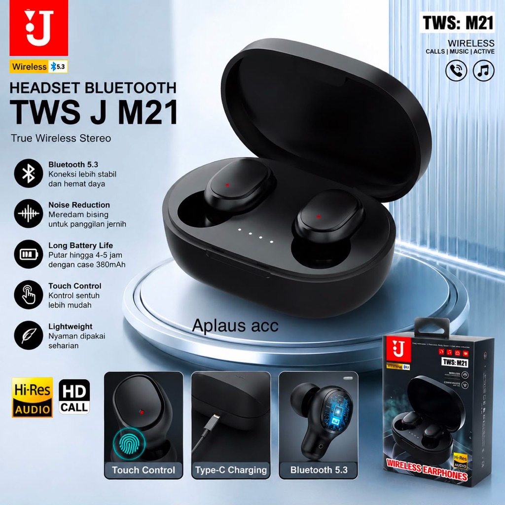 Headset Handsfree Bluetooth 5.3 TWS J M21  Wireless Earphone Universal Stereo Bass