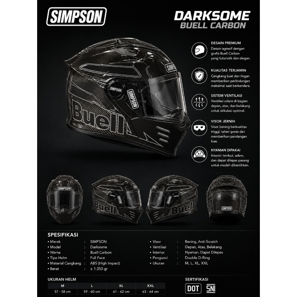 Helm Simpson Darksmoke Buell Carbon Modular Helmet Original