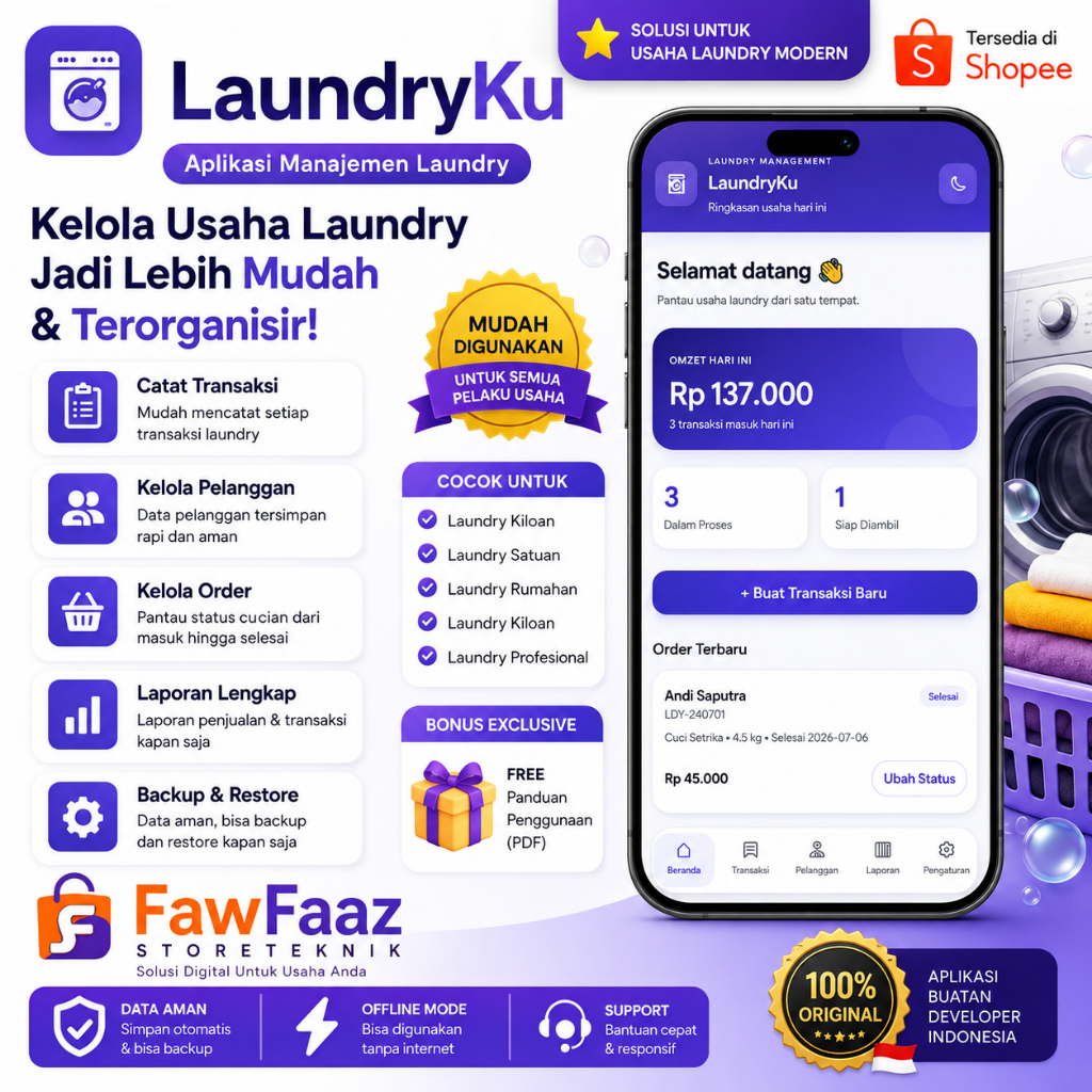 Aplikasi Laundry Android Offline – Kasir Laundry Kiloan Satuan, Kelola Pelanggan, Laporan & Cetak No