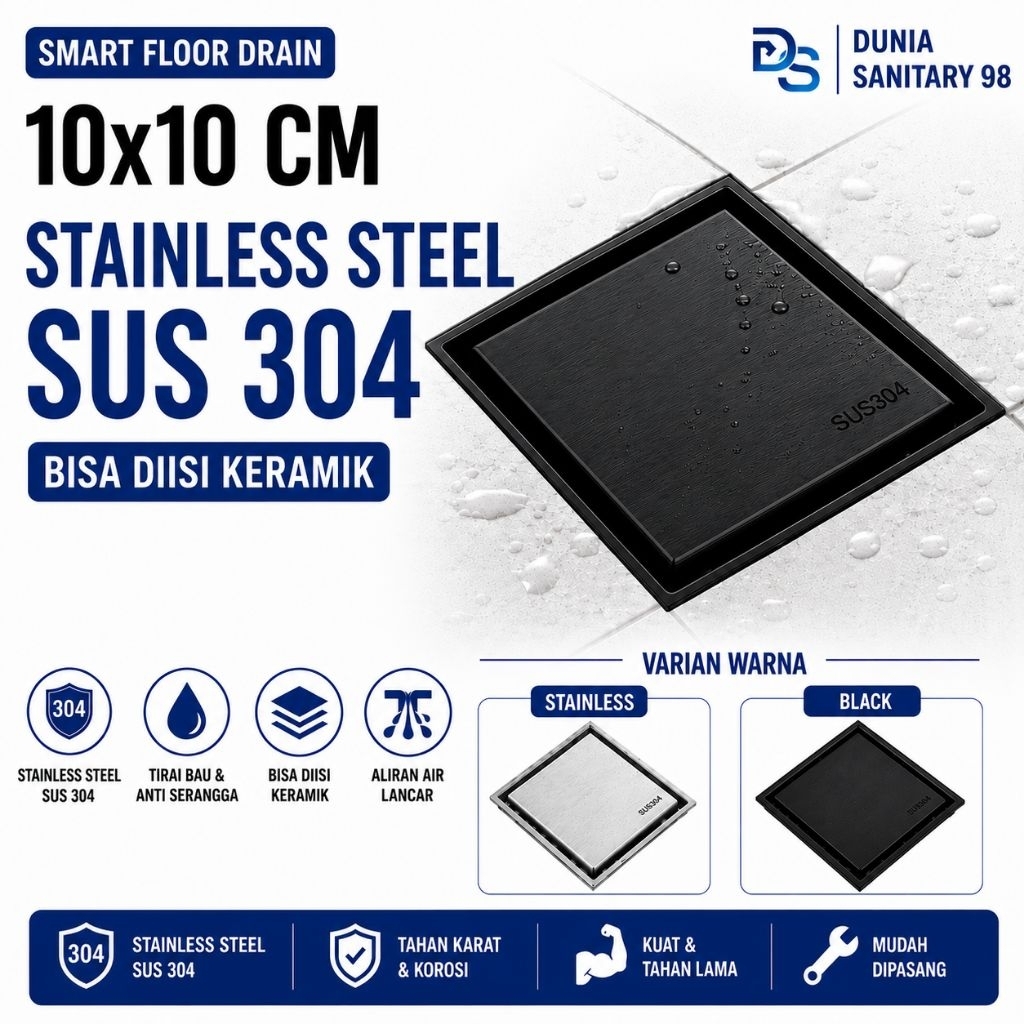 Smart Floor Drain Stainless SUS 304 Black Hitam saringan Got Anti banjir dan serangga T92 Tile inser