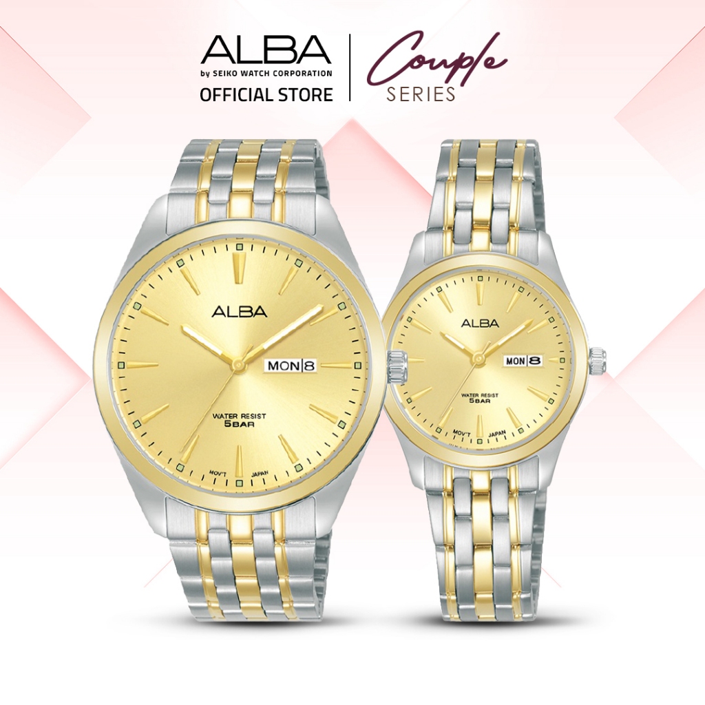 ALBA Jam Tangan COUPLE AJ6184 & AN8080 Quartz Stainless Steel Gold Dial Silver Strap Watch