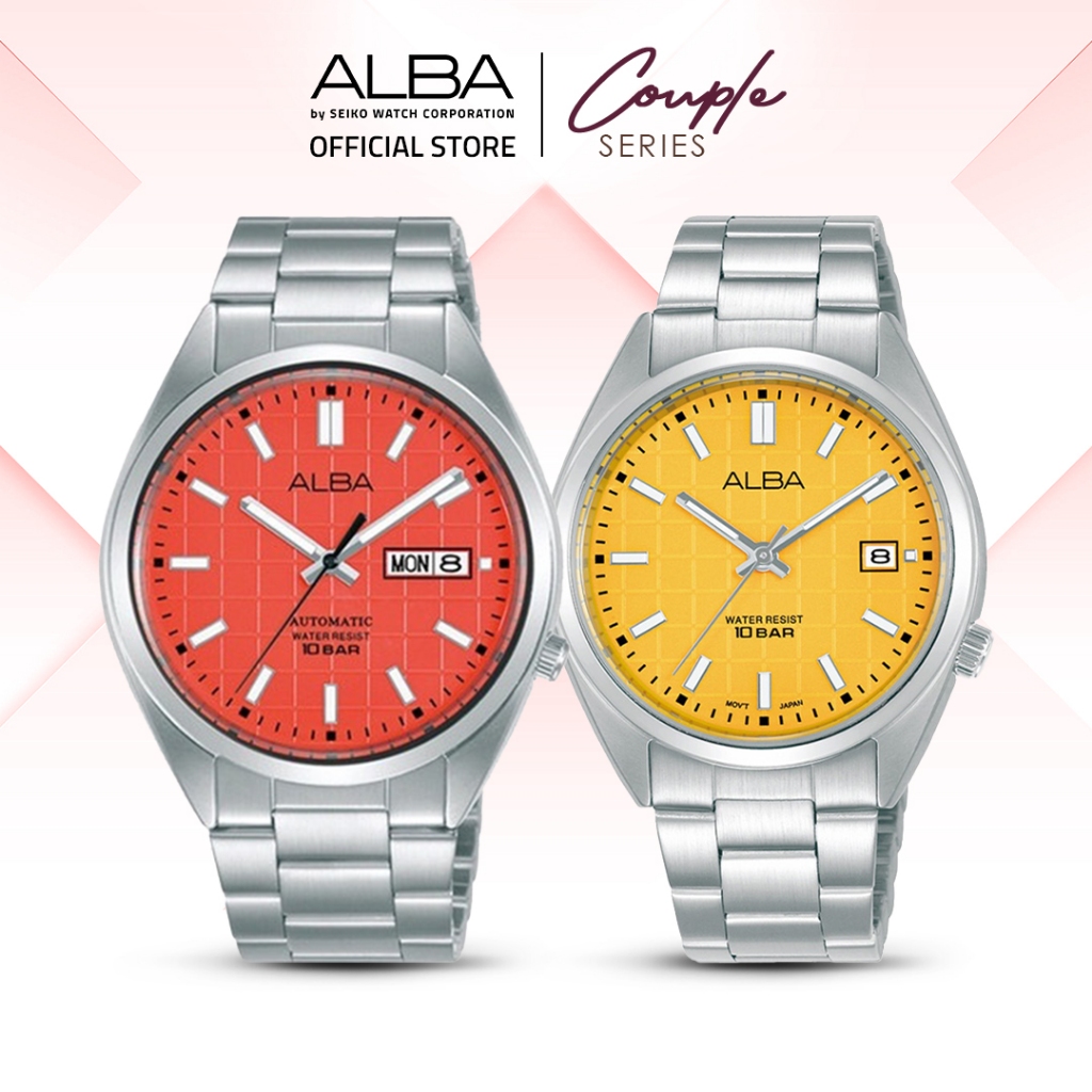 ALBA Jam Tangan COUPLE AL4323 & AG8M41 Automatic Stainless Steel Patterned Orange & Yellow Watch