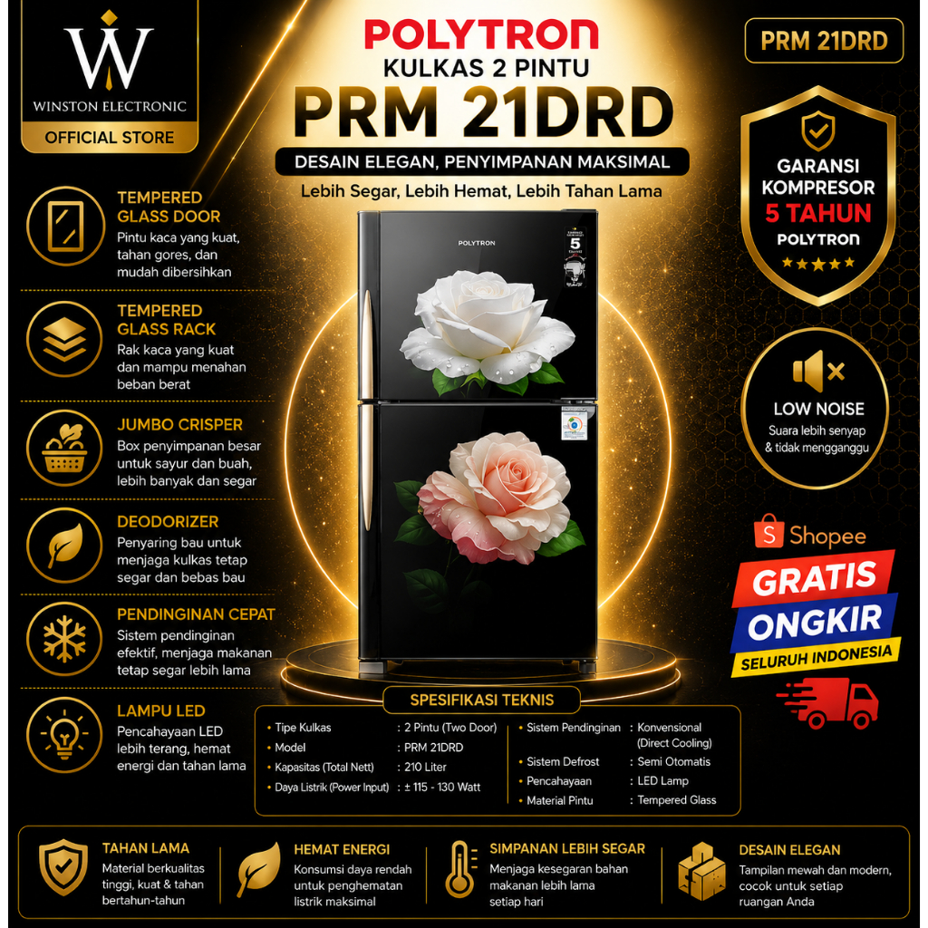 Polytron PRM 21DRD – Kulkas 2 Pintu 210 Liter PRM21DRD