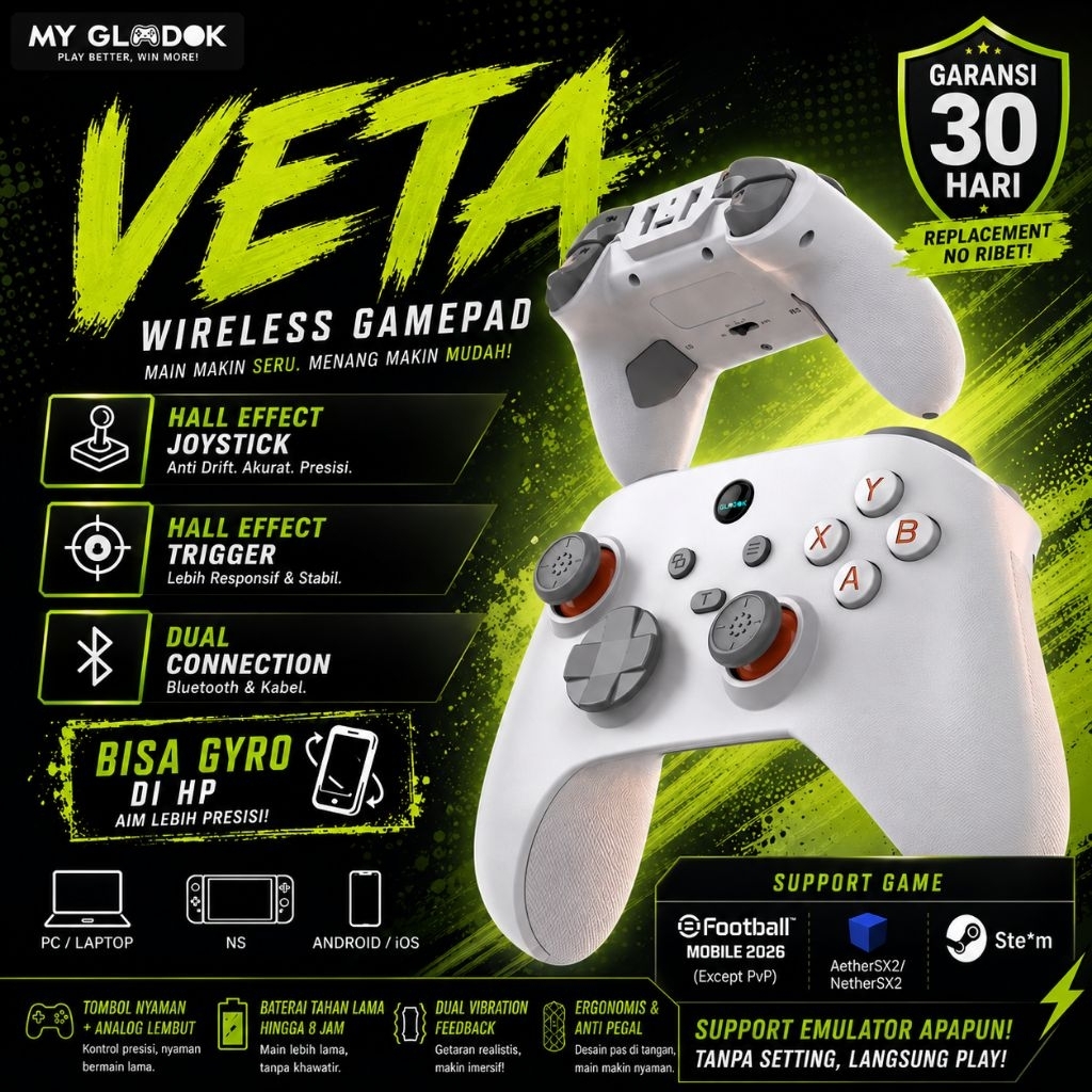 VETA Wireless Gamepad Stik Hall Effect Gyro Hp PC Laptop Nintendo Switch