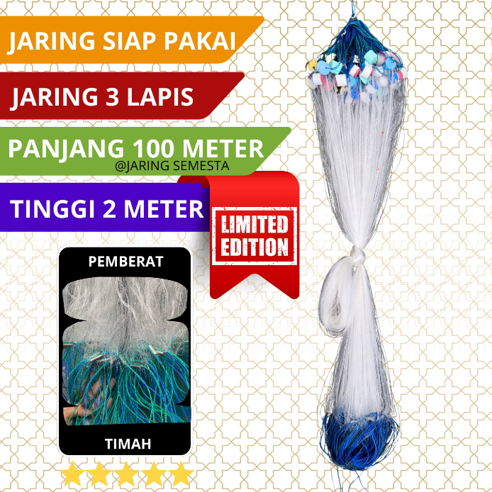 Jaring ikan 3 lapis siap pakai tinggi 2 m panjang 100 m pemberat timah jaring kantong