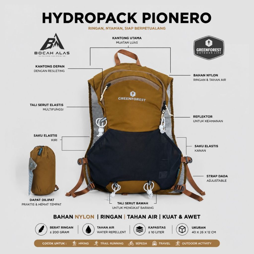 Greenforest Vulture Vest Trail Running Hydration 10L warna BROWN
