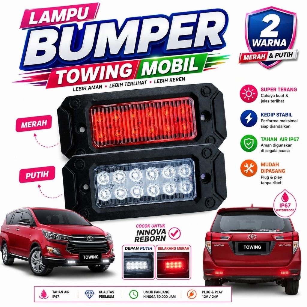 LAMPU TOWING BUMPER MOBIL IMPORT 12 TITIK LED Aksesoris Mobil Universal untuk Toyota Avanza Fortuner