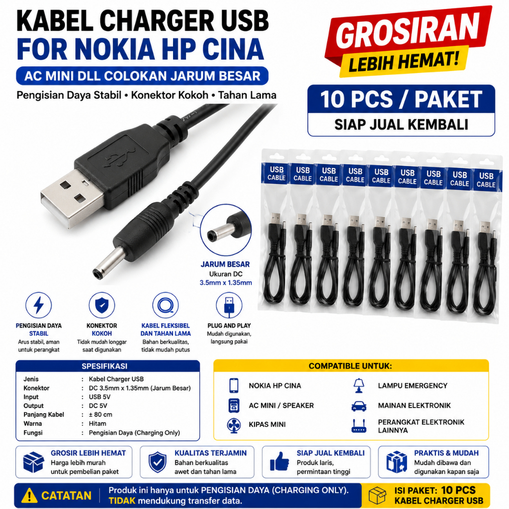 Grosir Kabel Charger USB to DC 3.5 x 1.35mm Jarum Besar 45cm 10 PCS Paket Kabel Cas Nokia HP China S