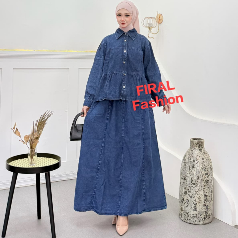 SAVIRA SET ATASAN&ROK PANJANG BAHAN JEANS DENIM PREMIUM