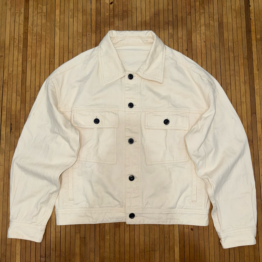 MUSINSA STANDARD x YOO AH IN BEIGE OVERSIZED DENIM JEANS TRUCKER JACKET