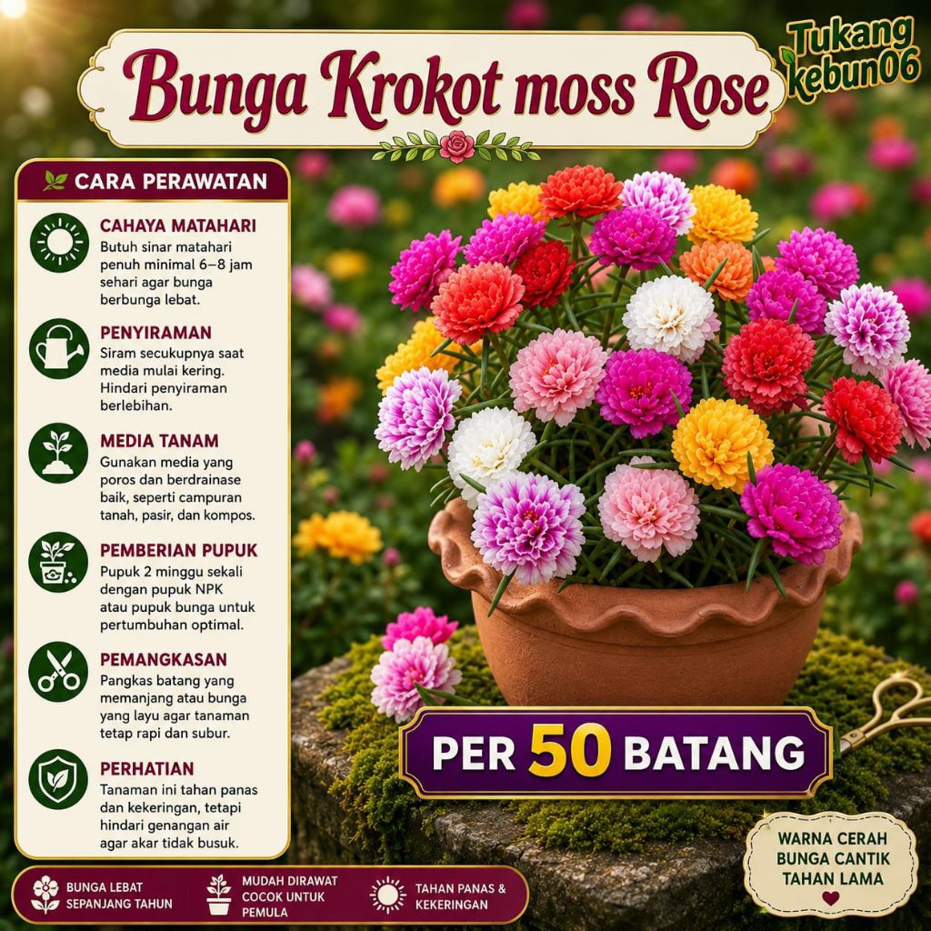 50 Batang Bunga Krokot Moss Rose Bibit Tanaman Hias Bunga 9 Waktu Mekar Warna Warni