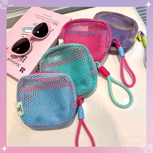 VOS~ PC2221 Dompet Jaring Mini Serbaguna Pouch Kosmetik Transparan Gantungan Lucu Tempat Koin Portab
