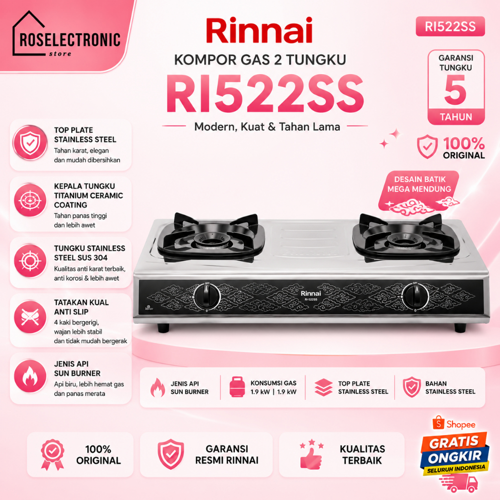 KOMPOR GAS RINNAI RI522SS 2 TUNGKI/RI-522-SS / RI 522 SS/RI-522SS/RI 522SS/ORIGINAL BERGARANSI RESMI