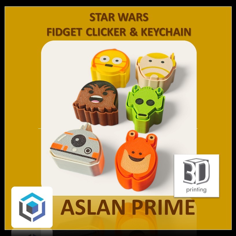 STAR WARS CHIBI CLICKER KEYCHAIN 3D Print BB 8 Chewbacca C-3P0 Greedo Jar Jar Binks B1 Battle Droid 