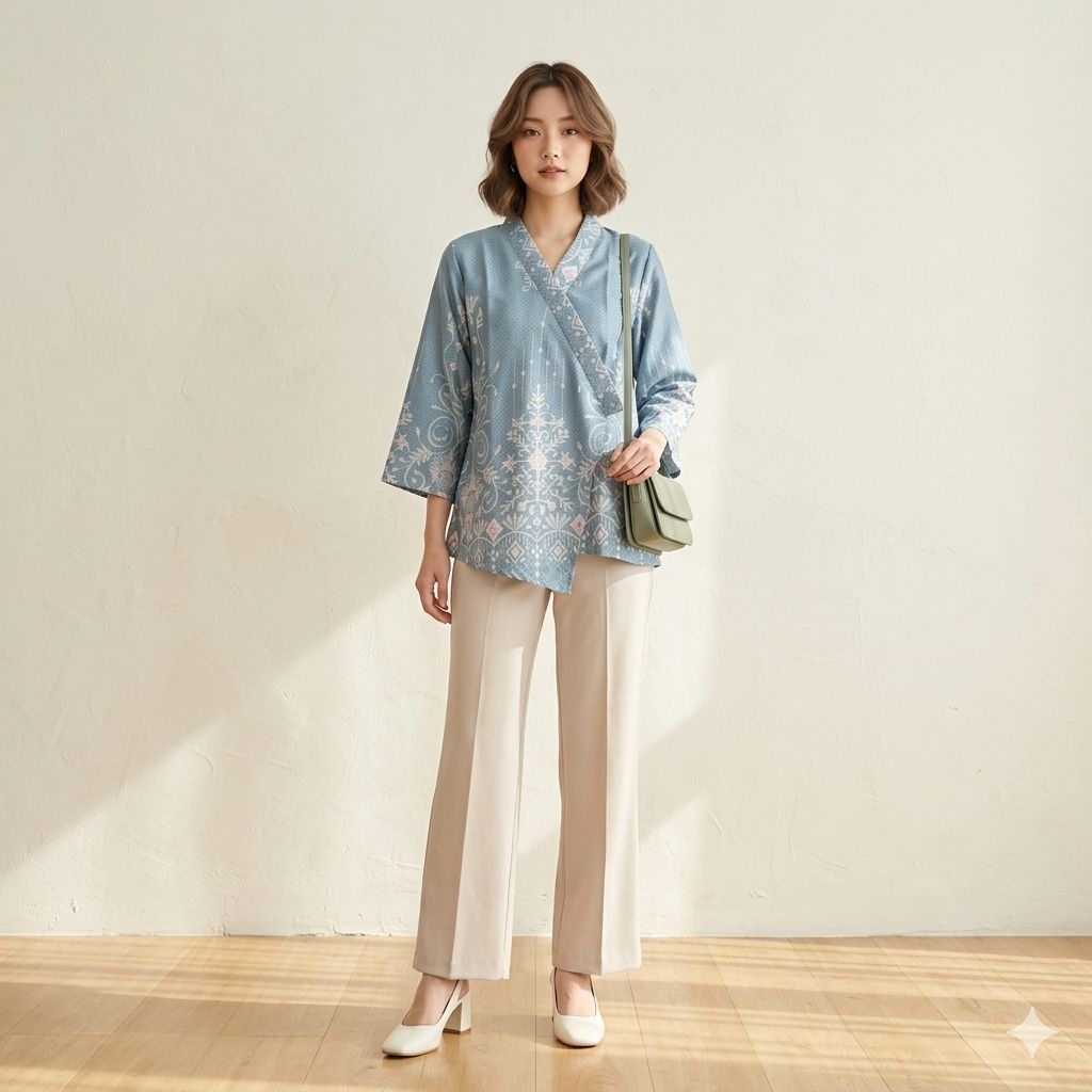 BAJU BATIK WANITA MODEL KOREA LENGAN 3 PEREMPAT TUNIK KERAH V ATASAN KERJA KANTOR ELEGAN CASUAL MODE