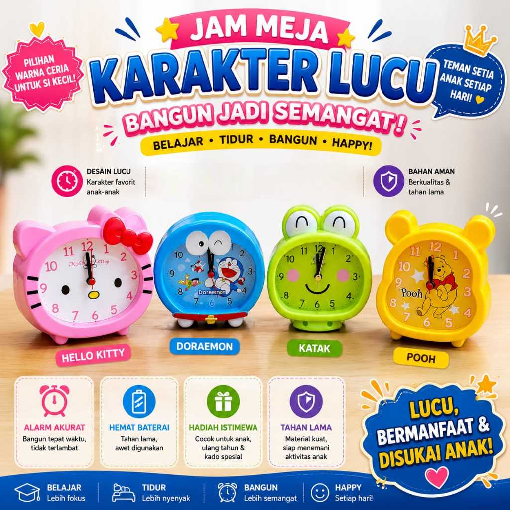 Jam Alarm Meja Karakter Doraemon Hellokity Pooh Jam Beker Weker Kartun