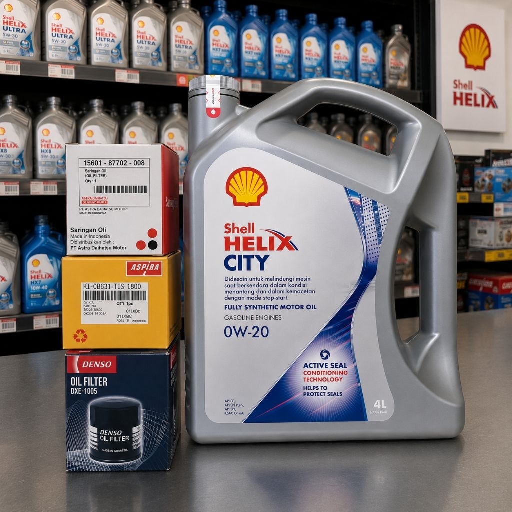 Paket Oli Shell Helix City 0W-20 + Filter Oli Full Synthetic 4 Liter 100% Original Barcode Dijamin T