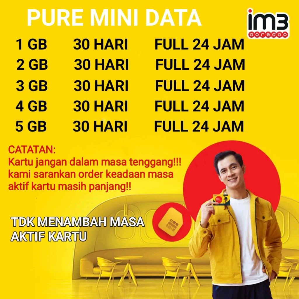 Im3 Ooredoo Pure Mini Data Paket Internet 1-5 GB 30 Hari Full 24 Jam