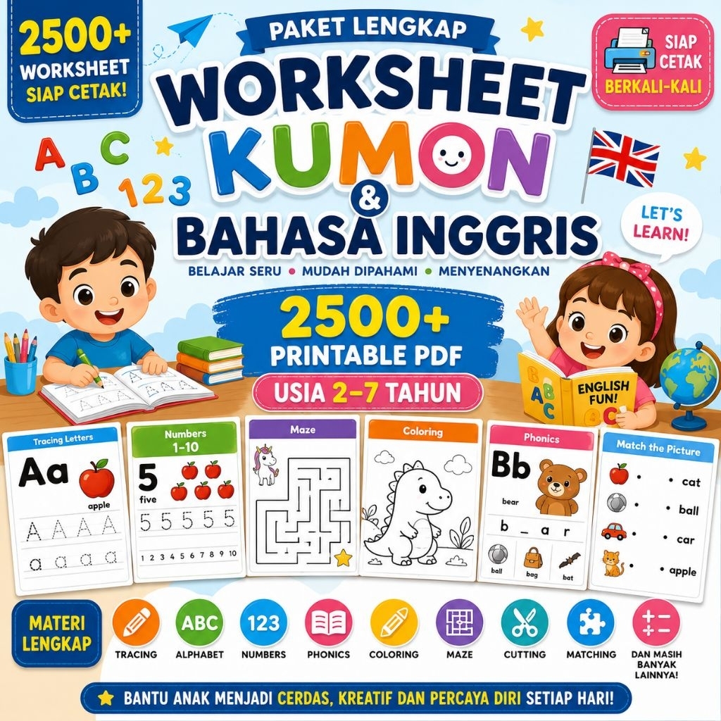 2500+ Worksheet Kumon & Bahasa Inggris Anak Usia 2–7 Tahun | Printable PDF | Belajar Calistung, Trac