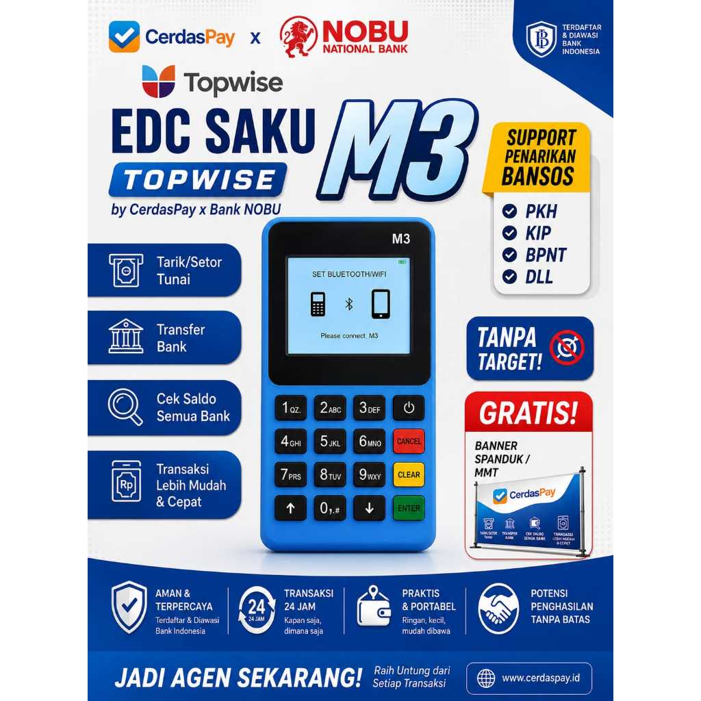 EDC Saku M3 Topwise by CerdasPay x Bank NOBU | Mini ATM Agen Bank | Tarik Tunai Setor Tunai Transfer