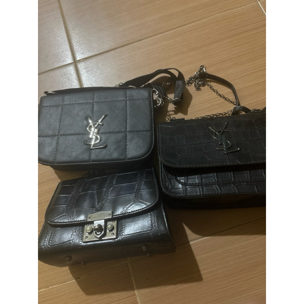 Set 3 Tas Selempang Hitam Motif Kulit Buaya Dan Quilted, Logo YSL, Tali Rantai Elegan