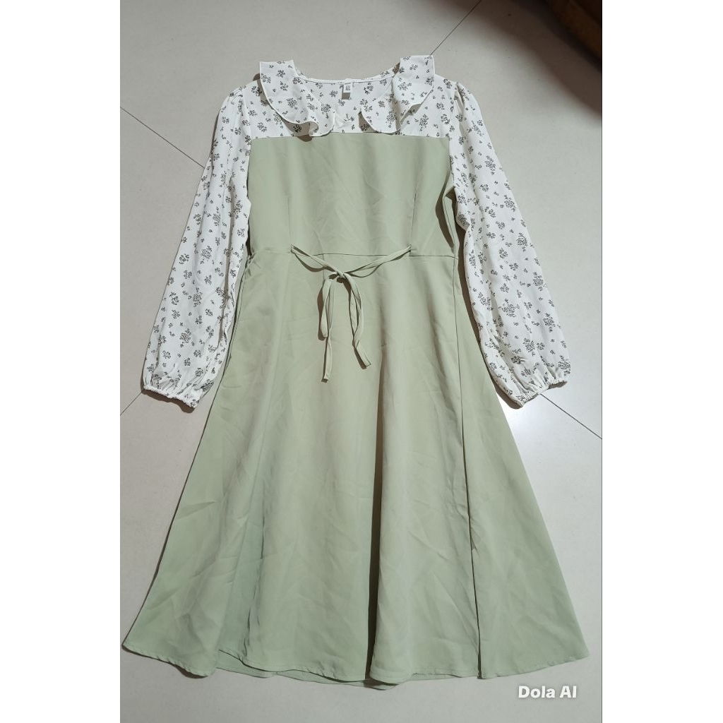 Dress Midi Motif Bunga Meistyle Sifon Sutra Ruffle Belt LD 110 Fit L