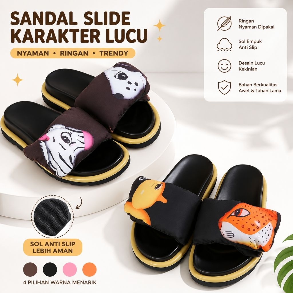 Sandal Slide Karakter Lucu Premium | Sol Empuk Anti Slip | Sandal Wanita Casual Fashion Kekinian #CL