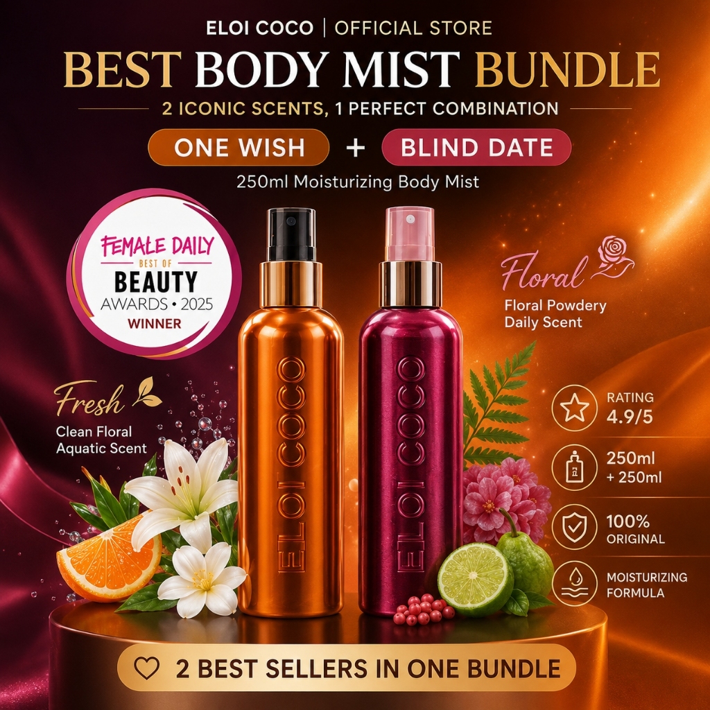 Bundle 2pcs Eloi Coco One Wish & Blind Date Body Mist 250ml | Body Mist Wanita Best Seller Fresh Clean Sweet Romantic Daily Scent