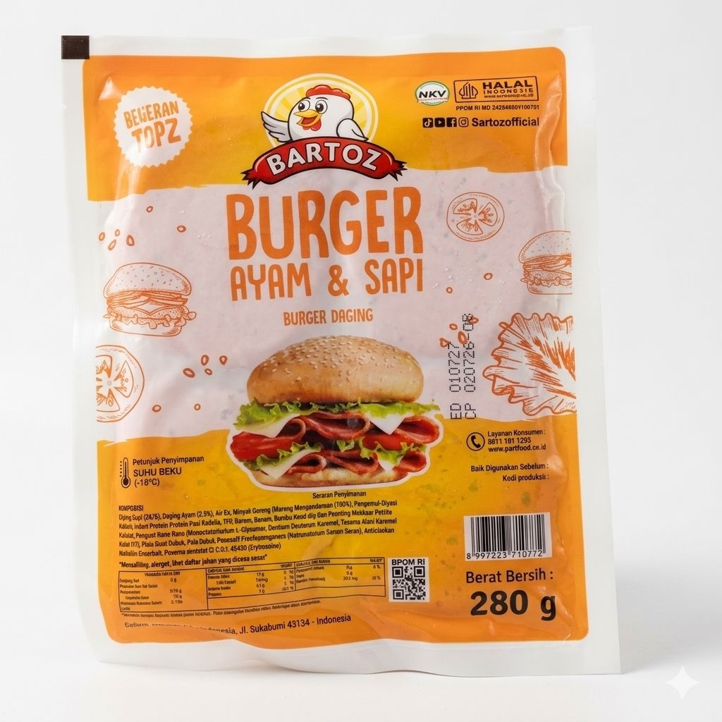 Bartoz Burger Sapi 280gr - Daging Sapi Pilihan, Praktis untuk Makanan Sore