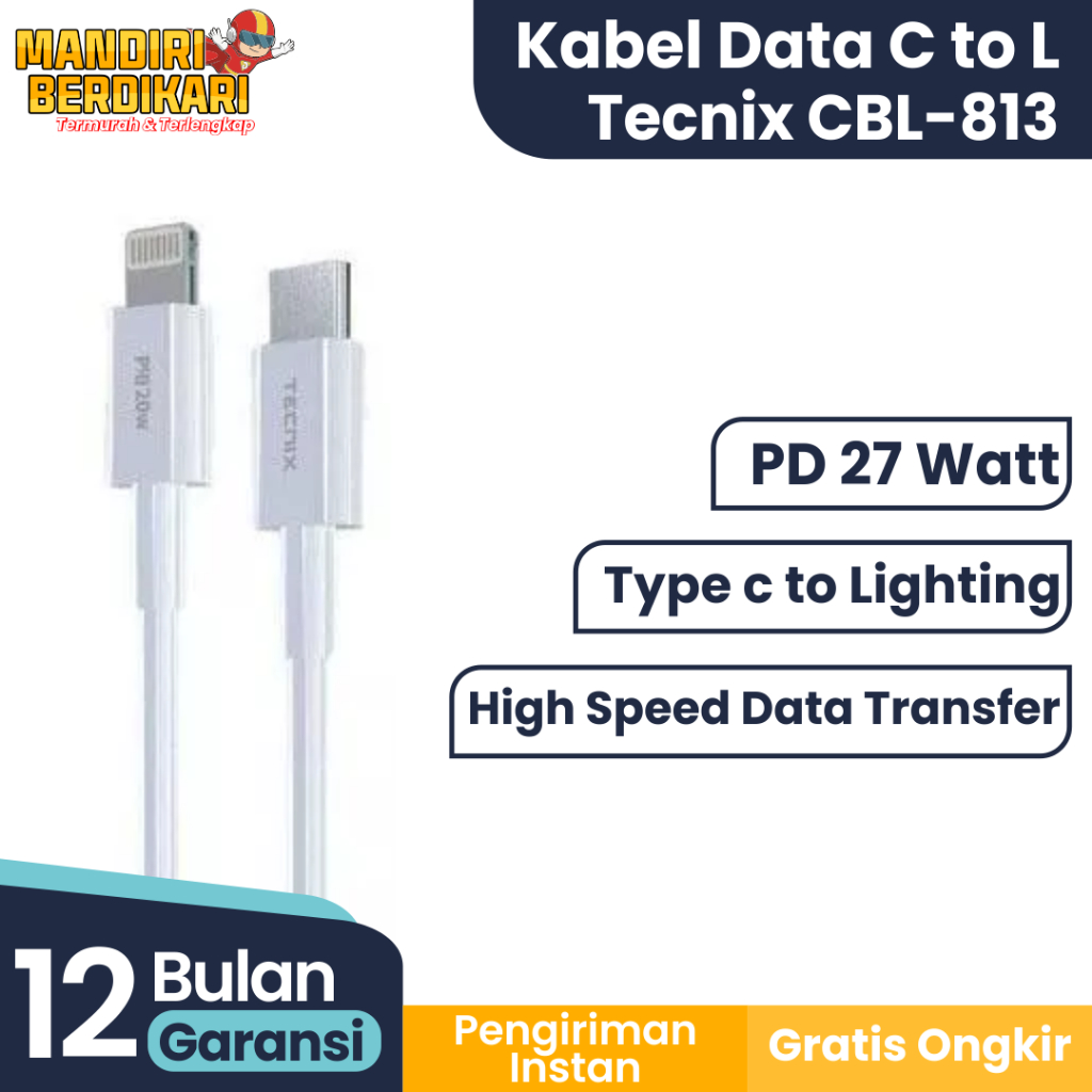 Kabel Data Type-C to Lightning Tecnix CBL-813 PD 27 Watt Transfer Cepat