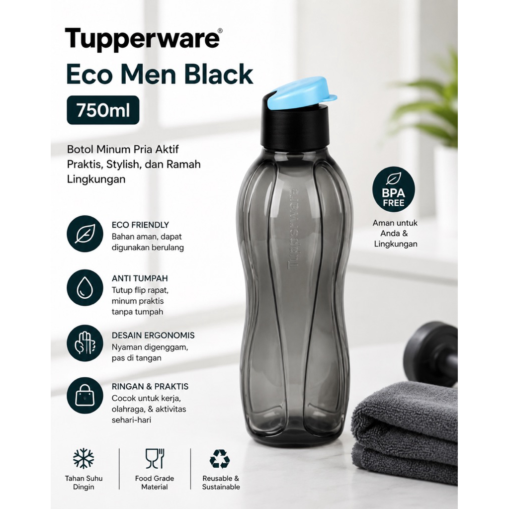 Tupperware eco men black 750ml tutup flip ecer 1pcs botol minum