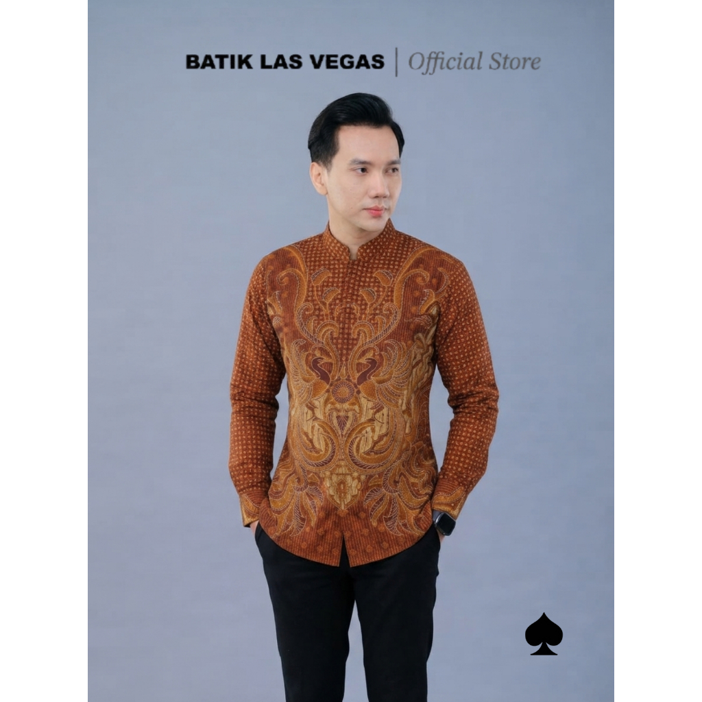 Las Vegas - Angsana Terracotta Kemeja Batik Pria Lengan Panjang Full Furing Kerah Koko Shanghai