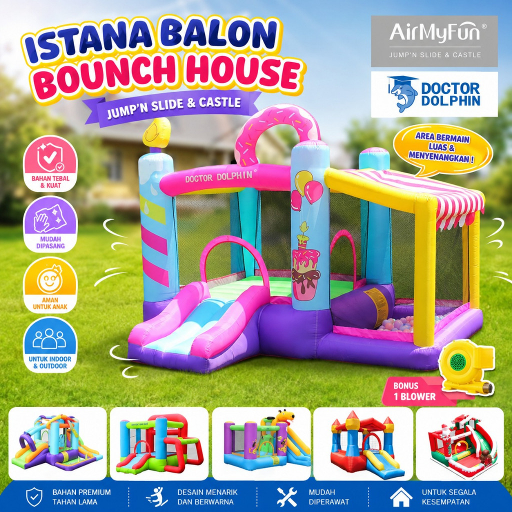Mainan Rumah Istana Balon Bouncy Castle Balloon Bouncer Balon Air My Fun Doctor Dolphin Perosotan An