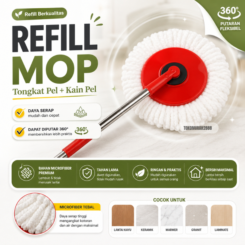 Tongkat Pel + Kain Pel Set Handmop - Super Mop Stick Set with Headmop
