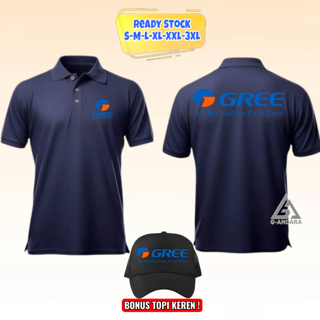 KAOS KERAH AC BERKUALIATS PASTI GREE DESIGN SIMPLE CASUAL BAHAN ADEM DAILY USE BONUS TOPI HITAM