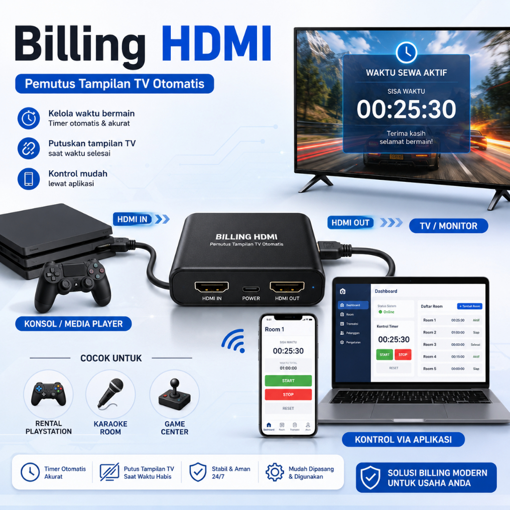 Billing HDMI Pemutus Tampilan TV Otomatis untuk Rental PS, Karaoke dan Game Center