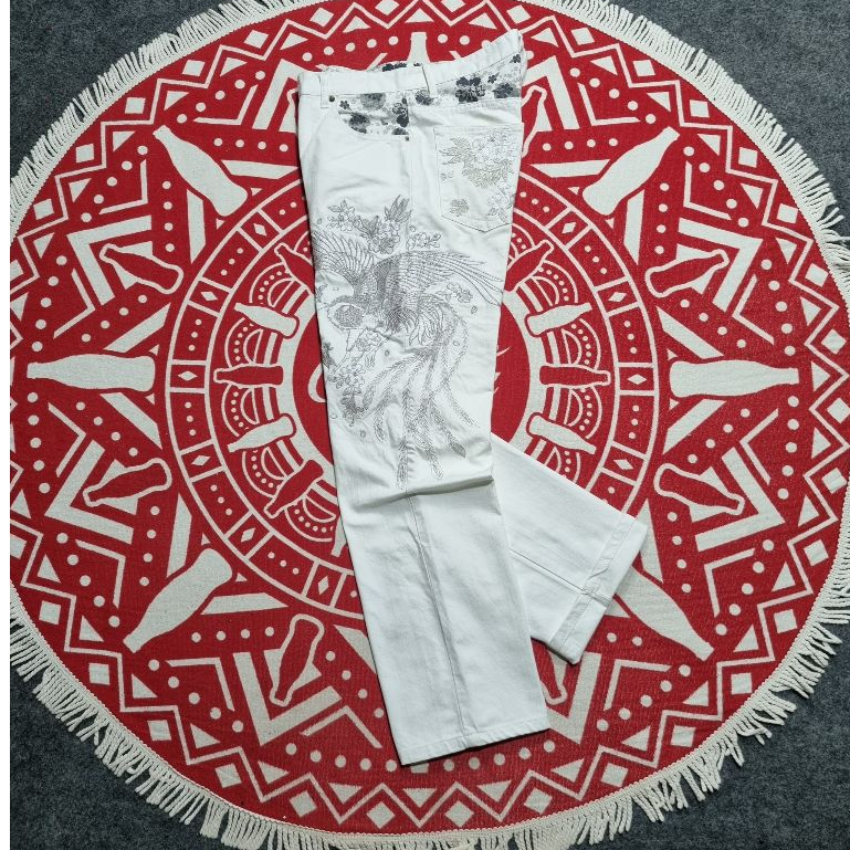 Karakuri Tamashii embroidery phoenix jeans celana panjang