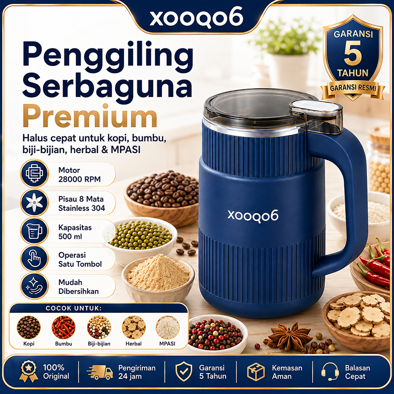 Xooqo6 Blender Elektrik 500ML - Pisau StainlessSteel, Motor Kuat, Desain Kompak - Biru,Biru+Kotak Bumbu