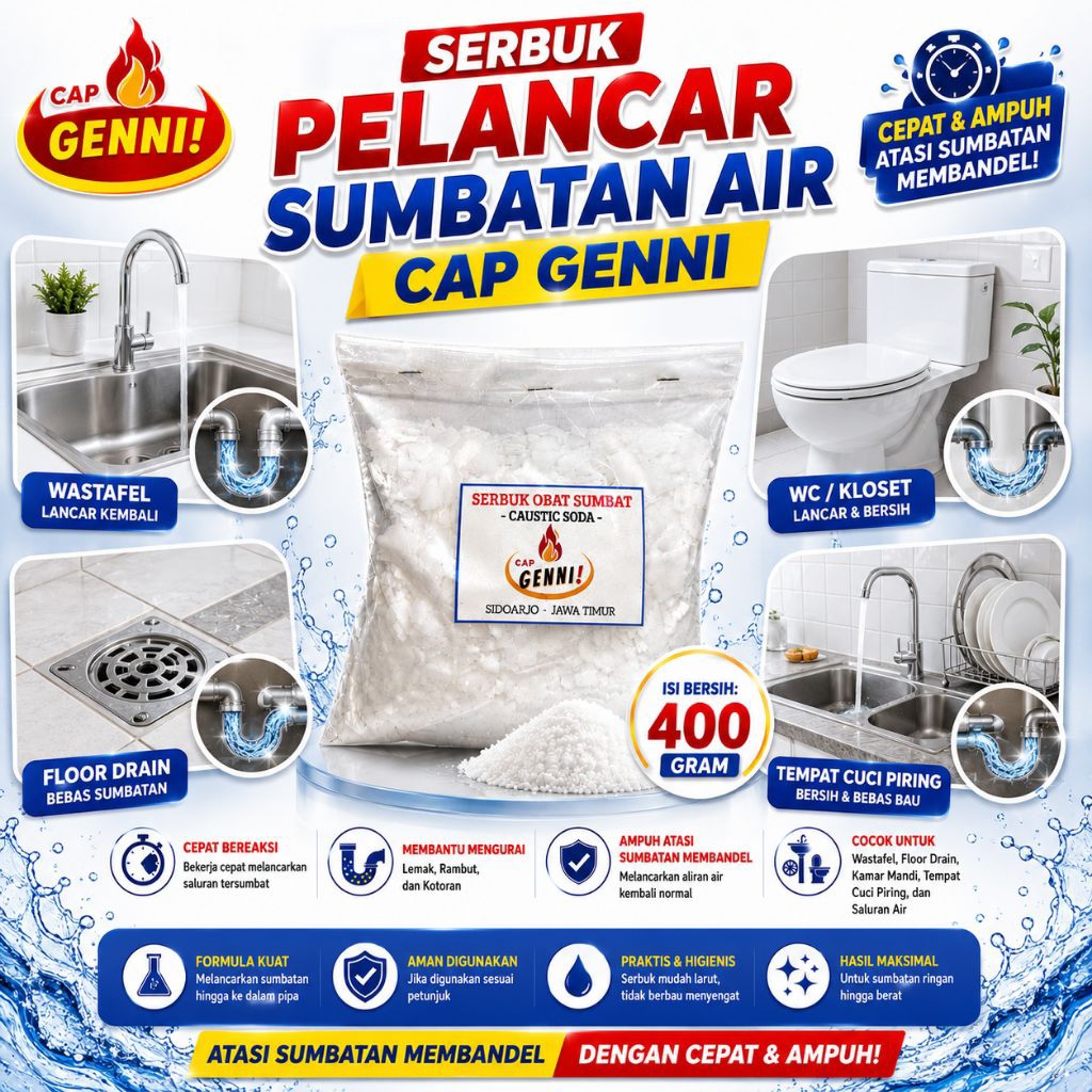 GENNI SERBUK PELANCAR  untuk saluran air/ WC tersumbat,NAOH FLAKE,SODA API untuk wc mampet,obat wc m