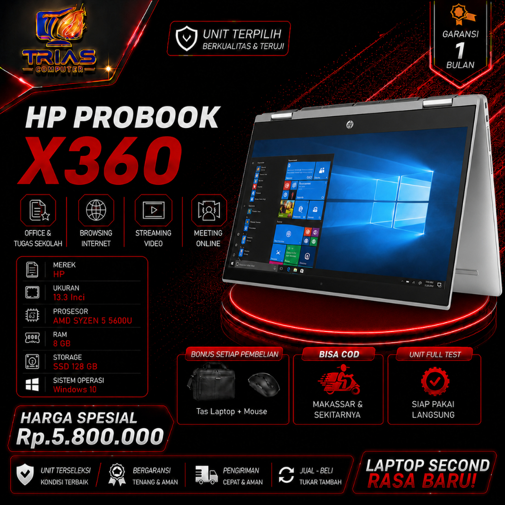 HP ProBook X360 Ryzen 5 5600U RAM 8GB SSD 128GB Touchscreen 13.3 Inch Laptop Second Premium Bergaran